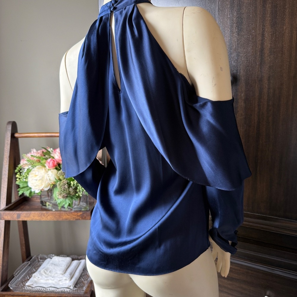 Parker Sonelle Silk Cold Shoulder Halter Blouse Navy Satin Draped Top XS